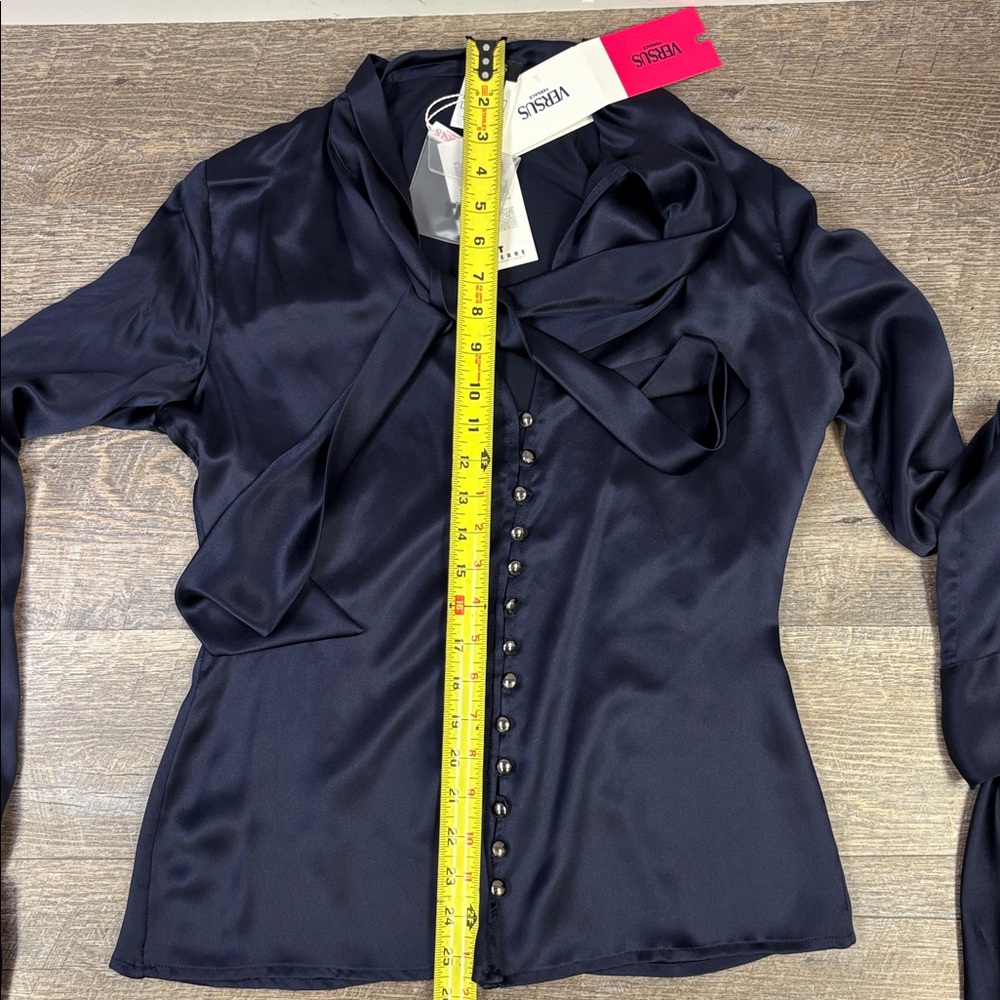 Versus Versace Navy Satin Bow Tie Button-Up Blouse - Picture 12 of 12